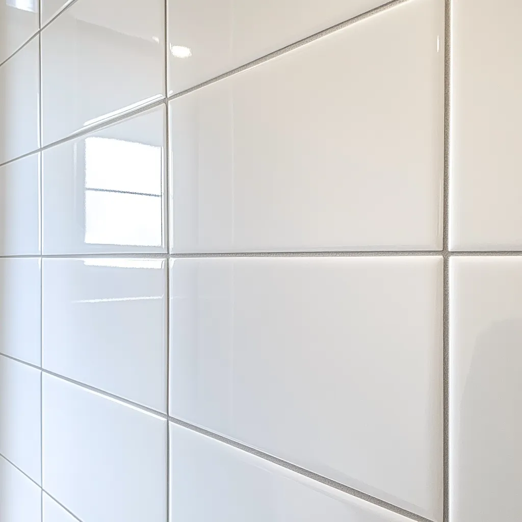 Polished bathroom wall tiles with clean grout